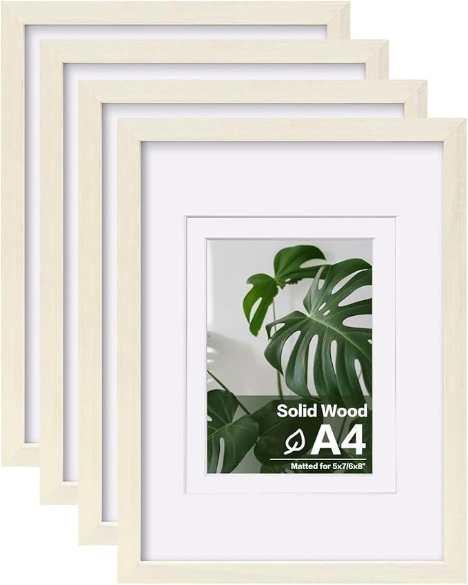 Egofine A4 Picture Frames Set of 4, Made of Solid Wood Covered by Plexiglass 5x7 and 6x8 with Mat or A4 without Mat, for Table Top Display and Wall Mounting Photo Frame Beige
