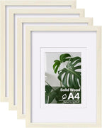Egofine A4 Picture Frames Set of 4, Made of Solid Wood Covered by Plexiglass 5x7 and 6x8 with Mat or A4 without Mat, for Table Top Display and Wall Mounting Photo Frame Beige