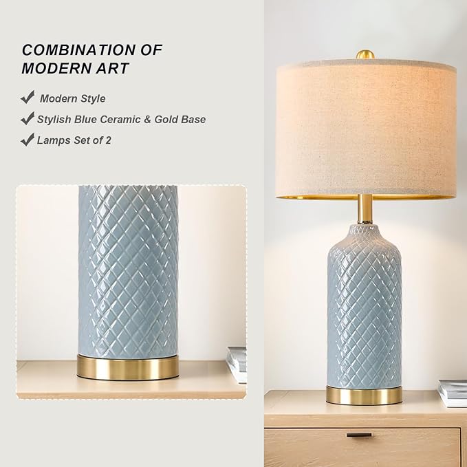 24.25" Modern Ceramic Blue Table Lamps Set of 2 for Living Room Bedroom Bedside Table Lamp for Night Stands Boho Nightstand Lamp Coastal Side End Table Lamps Reading Light Home Office Dorm Deco Gifts