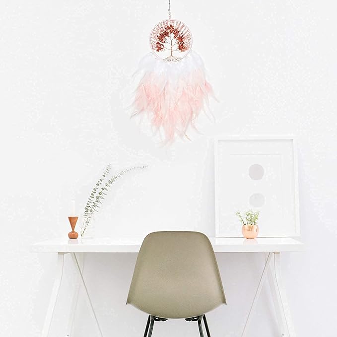 Pretty Jolly Fairy Pink Tree of Life Dream Catcher Wall Decor with Healing Crystal Stone Handmade Feather Dream Catchers Decoration Wall Hanging Bedroom Living Room Wedding Party Home Decor-25.6"