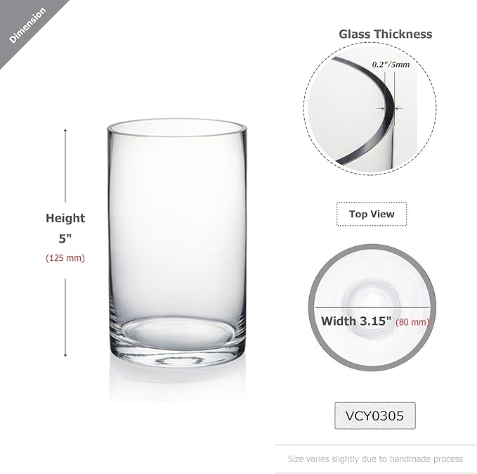 WGVI Quality Thick Clear Cylinder Glass Vase, 3" W x 5" H, Floral Container, Glass Candle Holder, Flower Vases, Wedding Centerpiece, Planter Terrarium, Table Top Home Décor Accent, 1 Piece