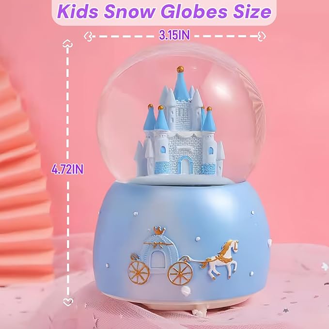 Blue Castle Snow Globes, Girls Music Snowglobes with LED 7 Colors Lights, Automatic Snow Fall Effect, Home Decor for Kids Room Essentials, Gifts for Birthday Christmas Valentines Mother's Day (Blue)