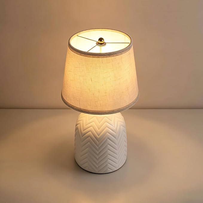 SOTTAE 14'' White Ceramic Table Lamp with Linen Fabric Shade, Leaf Patterned Ceramic Desk Lamp, Mid Century Modern Bedside Nightstand Lamp for Bedroom Living Room Reading Room