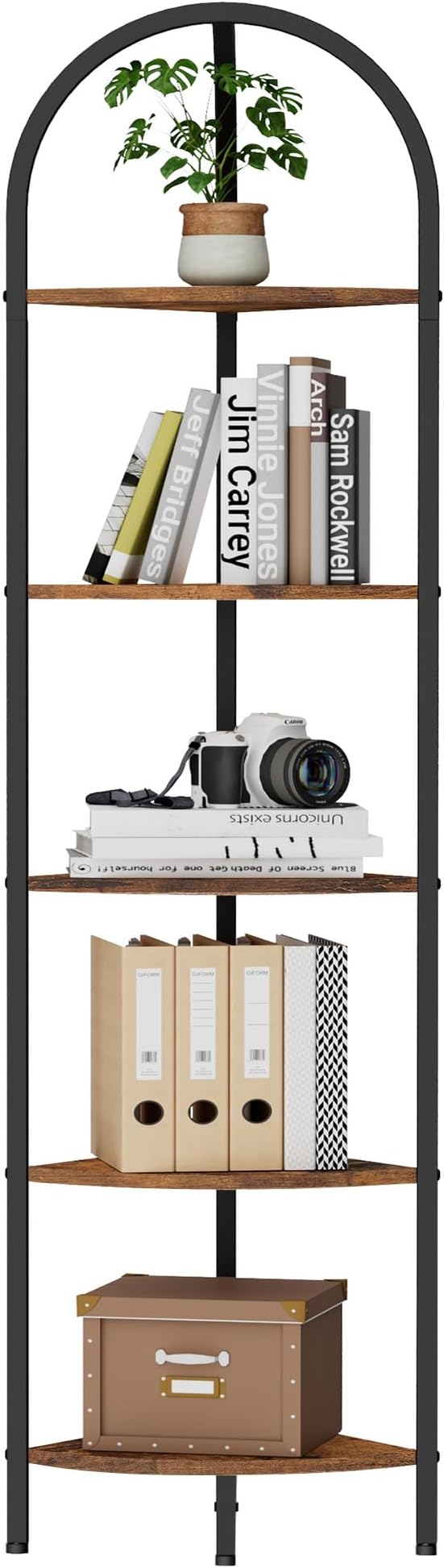 Homhedy 5-Tier Arched Corner Shelf Stand, Wall Corner Bookshelf with Metal Frame, Plant Stand, Industrial Storage Rack Shelf for Living Room, Bedroom, Office, Bathroom, Rustic Brown and Black