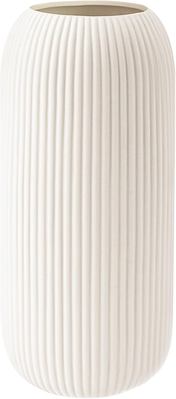 Ceramic Vase for Flowers – Modern Small Ribbed Textured Flower Vase for Home Decor, Pampas Grass, Decorative, Farmhouse, Coffee Table, Kitchen Centerpieces, Bookshelf and Home Living (XL White)