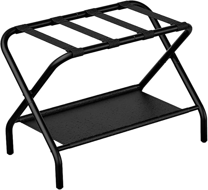 Luggage Rack for Guest Room, Folding Suitcase Stand with Shoe Shelf, Steel Portable Luggage Stand Bedroom, Hotel, Easy Assembly, Hold up to 110 lb, Black