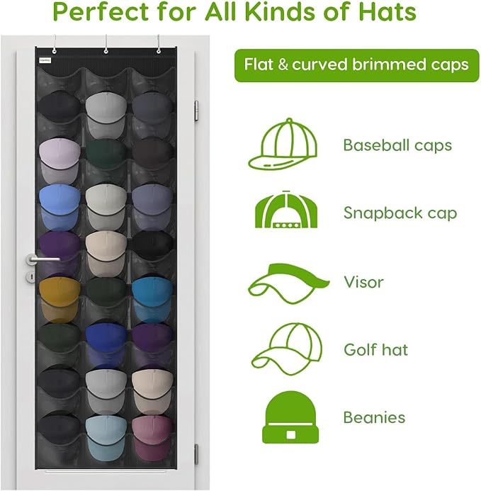 Unjumbly Baseball Hat Rack, 27 Pocket Over-The-Door Hat Organizer with Clear Deep Pockets to Display Baseball Caps Collection, Complete with 3 Over Door Hooks (Black, 27 Pockets)