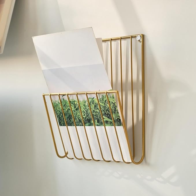 Gold Wall Mounted Magazine Rack and File Holder, A Sturdy Iron Organizer for Mail, Letters, Folders, and Papers,Decorative for Home Office or Study Room