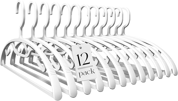 HOUSE DAY Plastic Clothes Hangers 12 Pack, Sweater Hangers No Shoulder Bump, Thick Heavy Duty Coat Hanger for Closet, White Wide Hanger with Non-Slip Hook for Sweaters, Suits, Dresses, Jackets, Pants