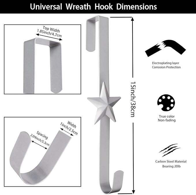 3 Pcs 15 Inch Wreath Hanger for Front Door Star Pattern Garland Hanger Over The Door Metal Door Wreath Decoration Hanger Hook for Various Festive Wreaths Hanging Towels Coats Etc (Silver)