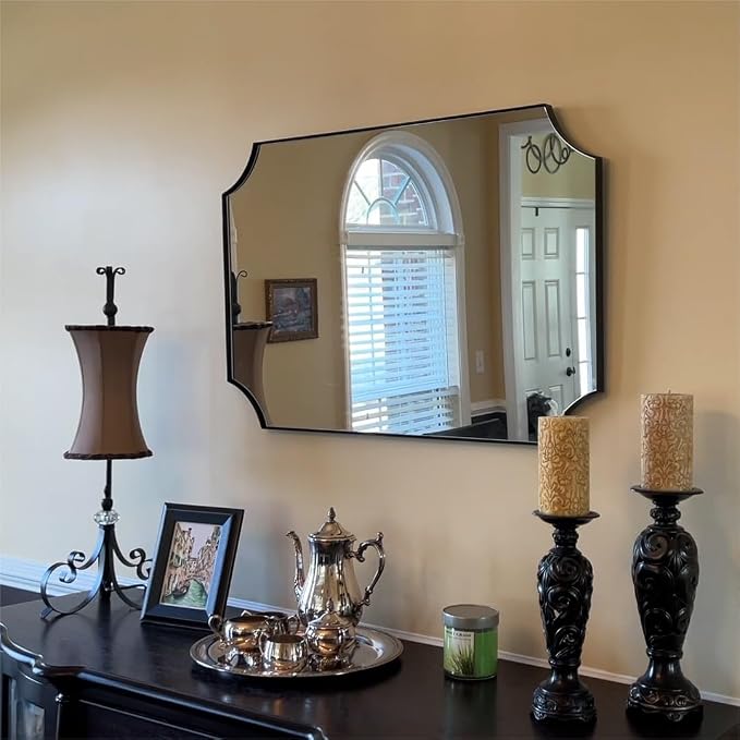 ANDY STAR 24x36 Inch Black Mirror, Matte Black Scalloped Wall Mirror, Modern Black Framed Mirror with Sophisticated Scalloped Design, Glass Panel Wall-Mounted Mirror Hangs Vertical or Horizontal