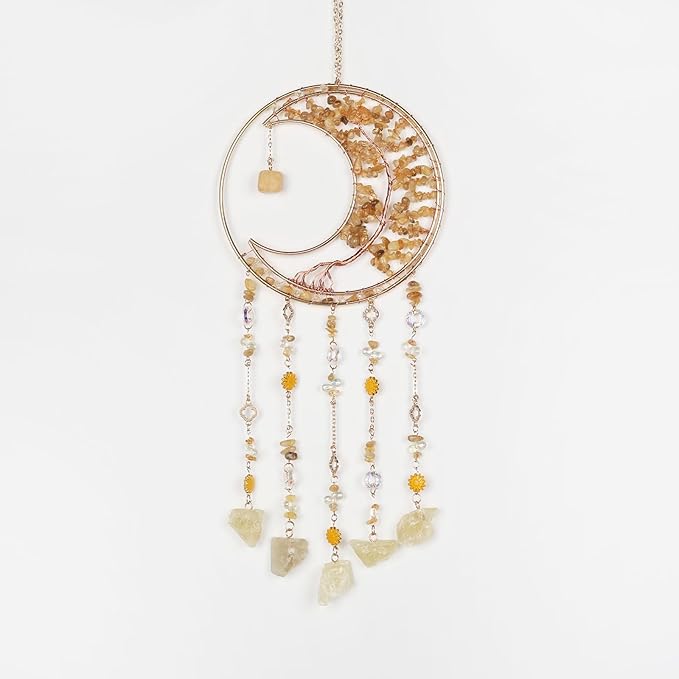 Yellow Gemstone Dream Catcher 7 Chakras Tree of Life Moon Dream Catchers with Healing Crystal Stones Handmade Suncatcher Dreamcatcher Wall Decor for Adults Living Room,Bedroom,Garden,Bless Gift