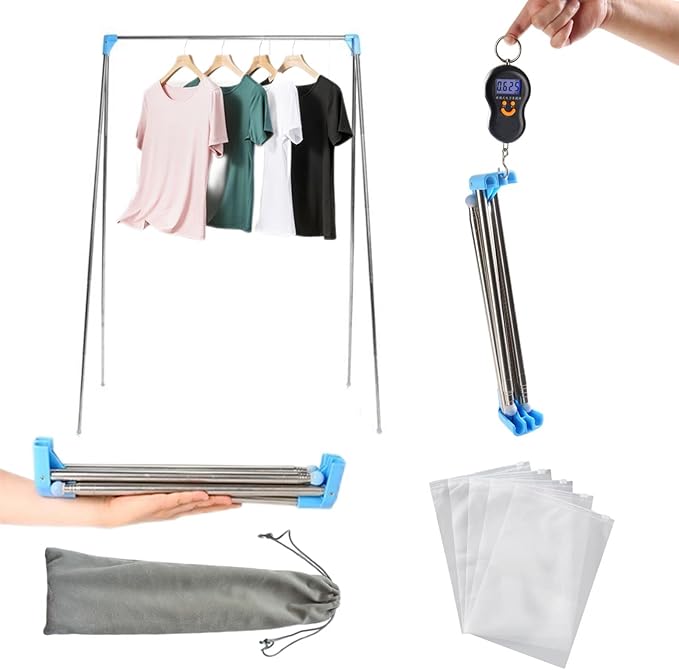 Lmaray Portable Travel Garment Rack, Stainless Steel Foldable Mini Drying Clothes Rack for Travel, Camping, Hotel Room, Laundry, Dance, Indoor, Outdoor (B-Longer & Thicker)