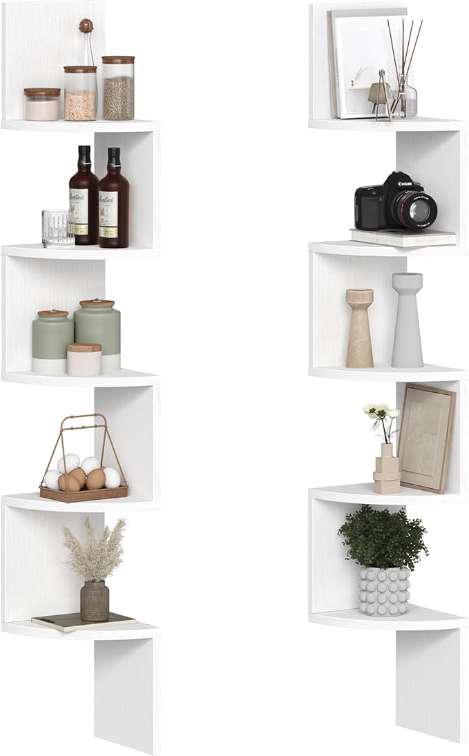 HOOBRO Corner Shelf Wall-Mounted, Set of 2 Floating Corner Shelves for Wall, 5-Tier Corner Bookshelves for Living Room, Bedroom, Bathroom, Home Office, White WT26BJP201