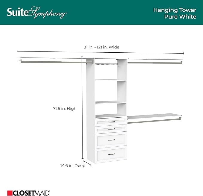 ClosetMaid SuiteSymphony Hanging Closet Kit Includes (1) Tower, (3) Closet Rods, (4) Shelves, (3) Top Shelves w/Brackets, and (4) Drawers, White