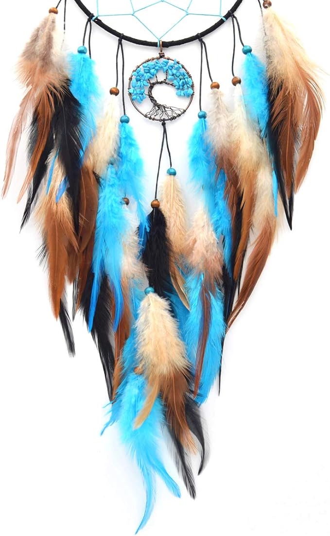 Urdeoms Blue Tree of Life Dream Catchers for Bedroom Adult Boho Big Dream Catcher for Boys Girls with Crystal Turquoise Hanging Ornament and Feathers Blessing Gifts(NO.33)
