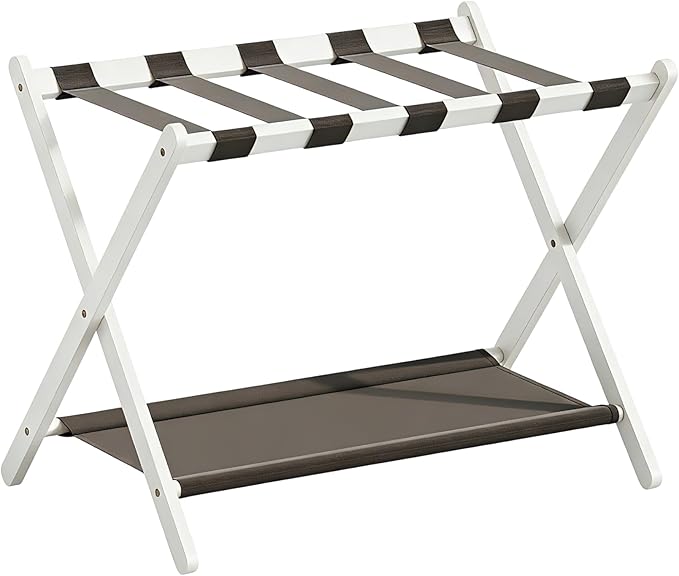 Bamboo Luggage Rack for Guest Room, 26.77" Folding Wide Suitcase Stand with Fabric Storage Shelf, Thickened Luggage Stand Holder for Bedroom Hotel, Luggage Rack for Suitcases (1 Pack - White)