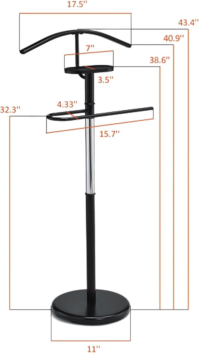 Kings Brand Furniture Luca Valet Stand – Black/Chrome Metal Freestanding Suit Rack and Clothes Organizer with Clothing Bar, Trouser/Tie Holder & Accessory Tray, Modern Design for Bedroom, Closet