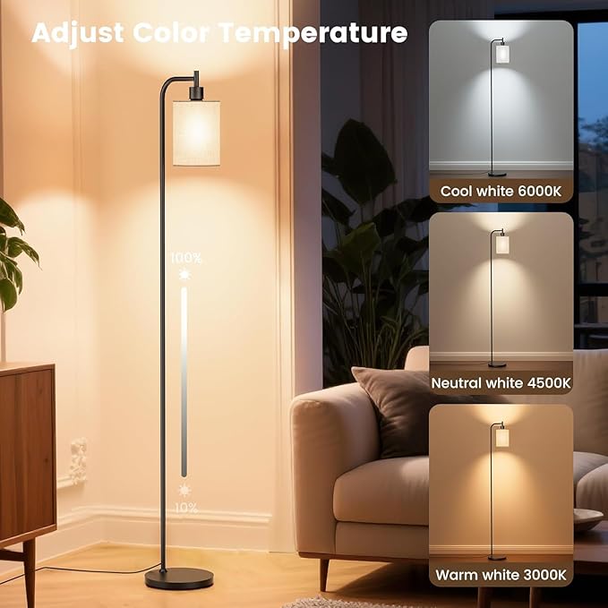 SIBRILLE RGB Floor Lamp with Linen Shade, Dimmable Tall Standing Lamp with Remote Control, Color Changing Floor Lamps for Living Room Bedroom Gaming Room, 9W RGB Bulb Included