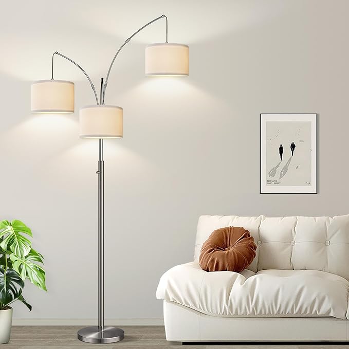 Dimmable Brushed Nickel Floor Lamp, 3 Light Arc Floor Lamp, Modern Tall Standing Tree Lamp with White Shades & Heavy Base, 3000LM Cool White LED Bulbs, Bright Lighting for Living Room, Bedroom, Office