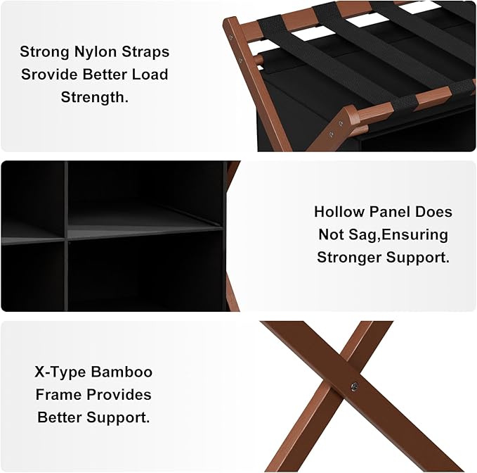 Bamboo Luggage Rack for Suitcases 2 Pack, Foldable & Easy to Assemble Suitcase Stand, Heavy Duty and Space-Saving Luggage Holder for Guest Room, Bedroom, Hotel