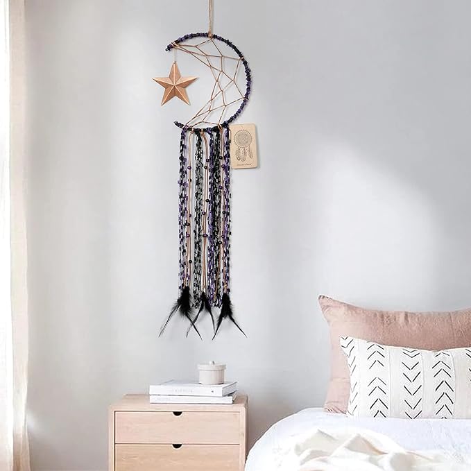 Dremisland Moon Dream Catcher Handmade Half Circle Moon Design Dream Catcher Feather Hanging with Star Home Decoration Ornament Festival Gift (Purple)