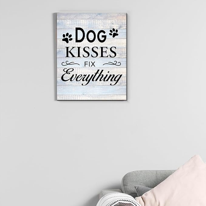 Funny Farmhouse Dog Canvas Wall Art Decor Dog Kisses Fix Everything Rustic Sign Painting Plaque Vintage Animal Pictures Print Home Decoration (11.5 X 15 Inches, Framed)