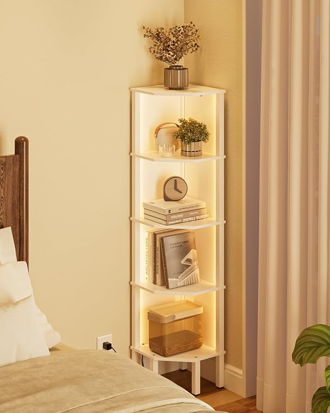Corner Shelf Stand, 5 Tier Corner Bookshelf with Led Light,Corner Furniture for Bedroom Display Corner Shelf for Small Space,Wood Shelves with Storage Rack for Living Room,Office,White