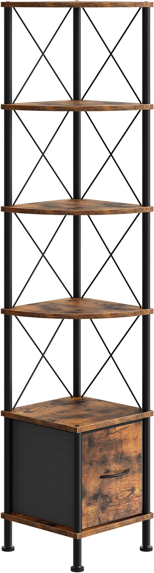 CHOEZON Corner Shelf with Drawer, Narrow Corner Bookshelf, Standing Bookcase, Storage Shelf with Anti-tip, Industrial Display Shelf for Small Spaces, Rustic Brown and Black TCJ76BF