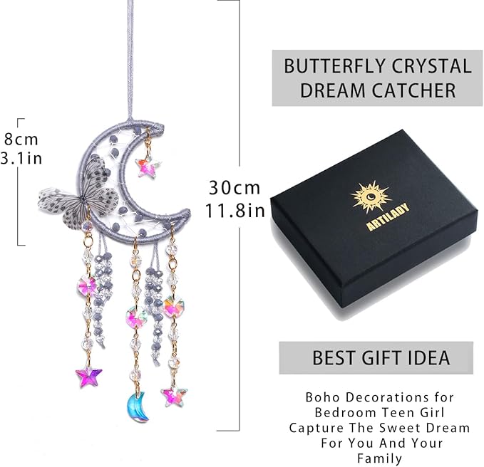 Artilady Dream Catcher for Girls - Butterfly Small Moon Dream Catchers with Crystals Cute Room Decor for Teen Girls Boys Boho Bedroom Wall Home Decorations Birthday Christmas Women Gifts