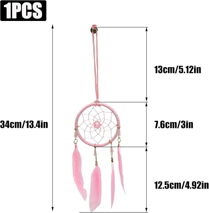 Pine & Linen Handmade Dream Catcher,Bohemian Style Car Rearview Mirror Hanging Charms Feather Pendant,Good Luck Charm for Car Accessories/Wall Hanging/Women/Gift(Pink)