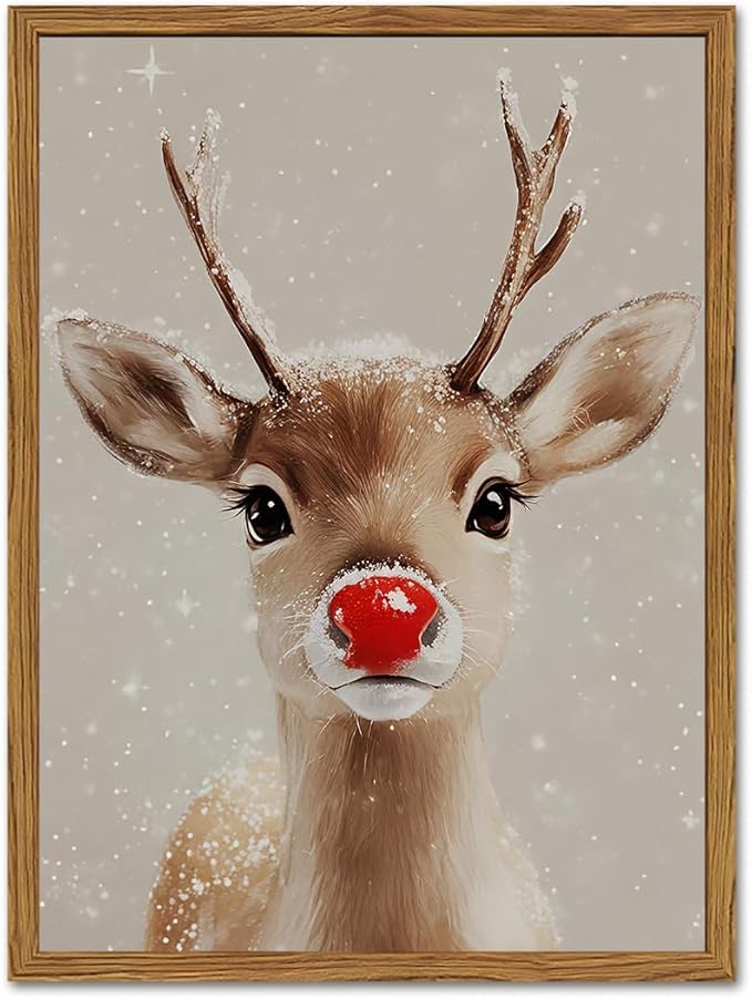 Framed Christmas Wall Art, Vintage Red Nose Reindeer Canvas Wall Decor Paintings, Rustic Winter Cute Deer Pictures Prints Farmhouse Home Decoration for Living Room Bedroom 12×16 inch