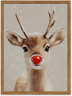 Framed Christmas Wall Art, Vintage Red Nose Reindeer Canvas Wall Decor Paintings, Rustic Winter Cute Deer Pictures Prints Farmhouse Home Decoration for Living Room Bedroom 16×24 inch