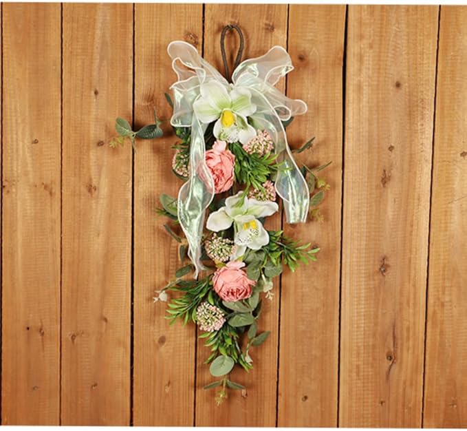 20'' Spring Wreath Swags for Front Door Artificial Lily Camellia Teardrop Swags Eucalyptus Summer Floral Hanging Swags for Farmhouse Wedding Cabinet Home Outdoor Decor (Multicolor)