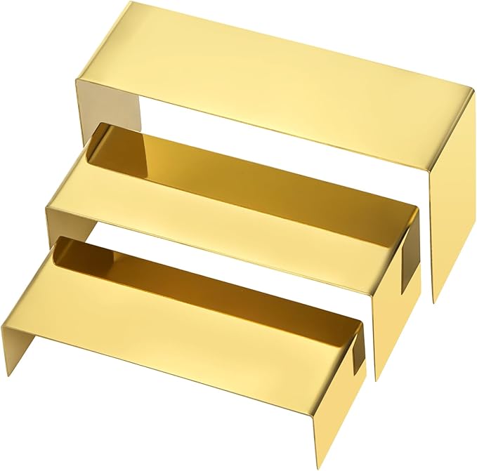 Hedume Set of 3 Shoe Handbag Display Stand, Gold Stainless Steel Purse Display Risers, Countertop Risers for Perfume Handbag Shoe Jewelry Holder