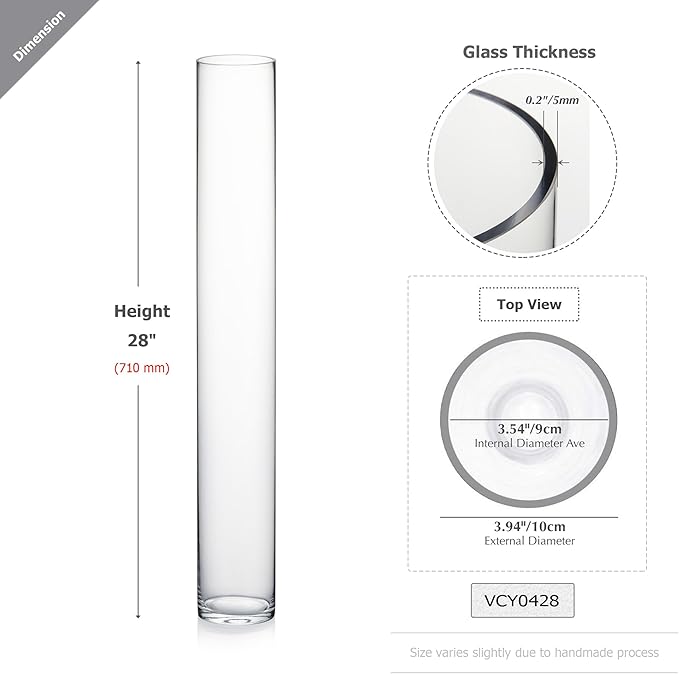 WGVI Quality Thick Weighted Tall Clear Cylinder Glass Vases, 4" W x 28" H, Flower Arrangement Floating Candle Holders Wedding Centerpieces Event Floral Container Floor Display Home Décor, 1 Piece