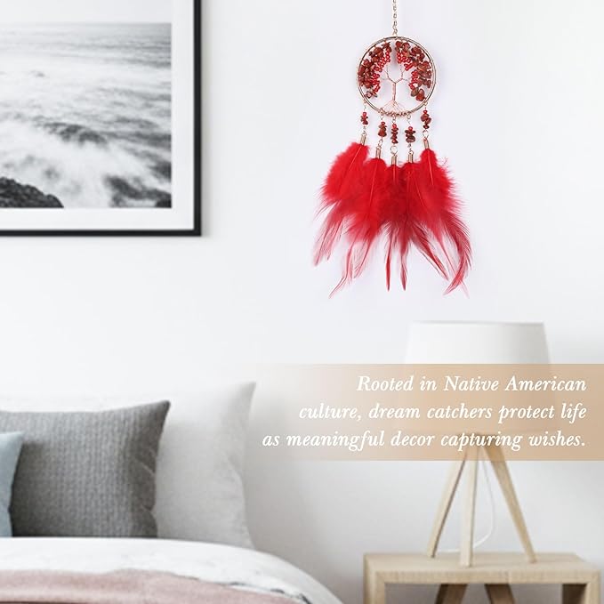 Pretty Jolly Small Tree of Life Crystal Stone Dream Catchers Red Feathers Mini Dreamcatchers for Cars Rear View Mirror Hanging Decoration Good Luck Travel Charm Bedroom Ornaments for Women Girls