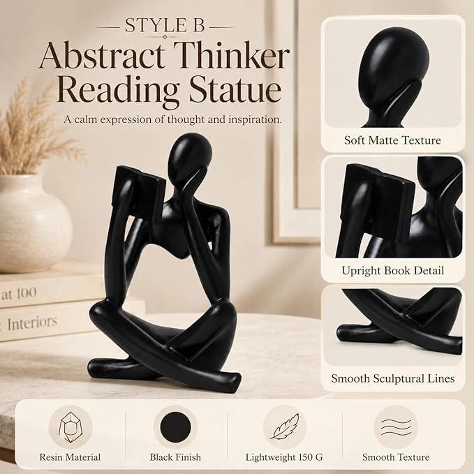 Black Bookshelf Decor Thinker Statue, Abstract Reading Figurine Style B, Resin Decorative Bookend for Coffee Table, Shelf, Home Office, Library