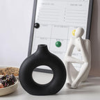CEMABT Black Donut Vase Hollow Ceramic Vase for Flowers Handmade Minimalist Boho ins Style Modern Home Decor for Wedding Dinner Table Party Living Room Office Bedroom（M