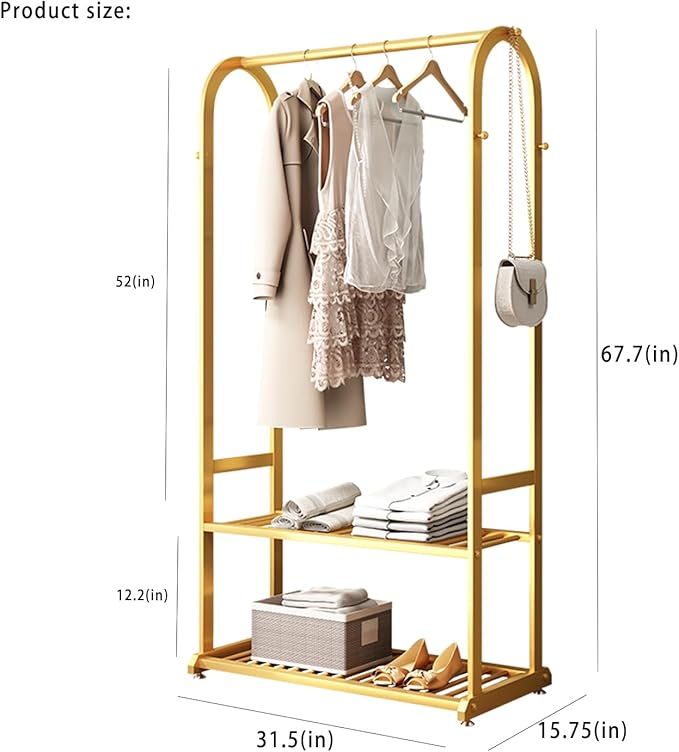 Gold Clothing Rack,Metal Garment Rack with Bottom Storage Shelves and 6 Side Hooks,modern Sturdy clothes racks for hanging clothes,Freestanding Wardrobe Rack for Bedroom or Boutique (L:31.5in)