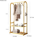 Gold Clothing Rack,Metal Garment Rack with Bottom Storage Shelves and 6 Side Hooks,modern Sturdy clothes racks for hanging clothes,Freestanding Wardrobe Rack for Bedroom or Boutique (L:31.5in)