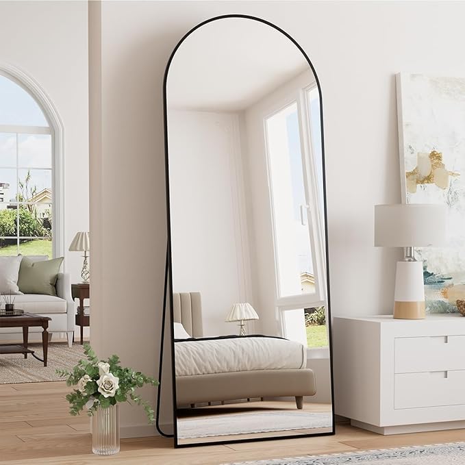 Prywot Arched Floor Mirror, 64 "x 21" Full Length Mirror Wall Mirrors Hanging or Leaning Arched-Top Full Body Mirrors with Stand for Bedroom, Dressing Room, Black