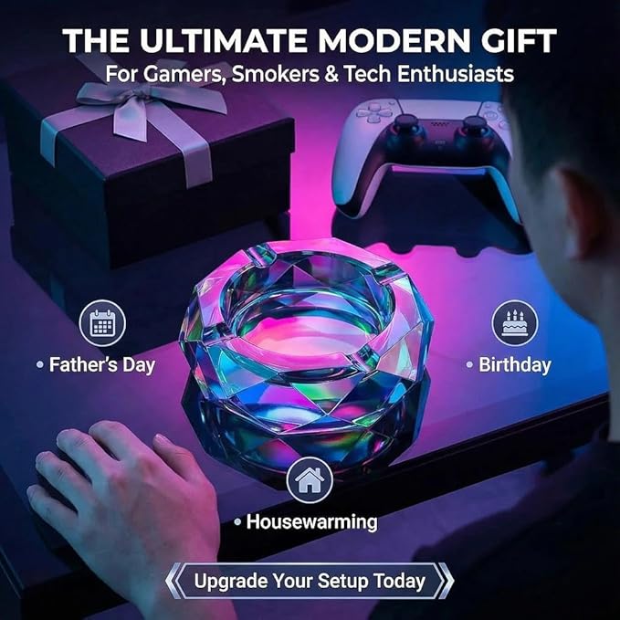 Kaforise Heavy K9 Crystal Ashtray for Cigarettes – Cool Color-Changing Glass Ash Tray for Outdoor Patio & Home Decor – Fancy Geometric Tabletop Accessories, Unique Luxury Gift for Men Smokers (01)