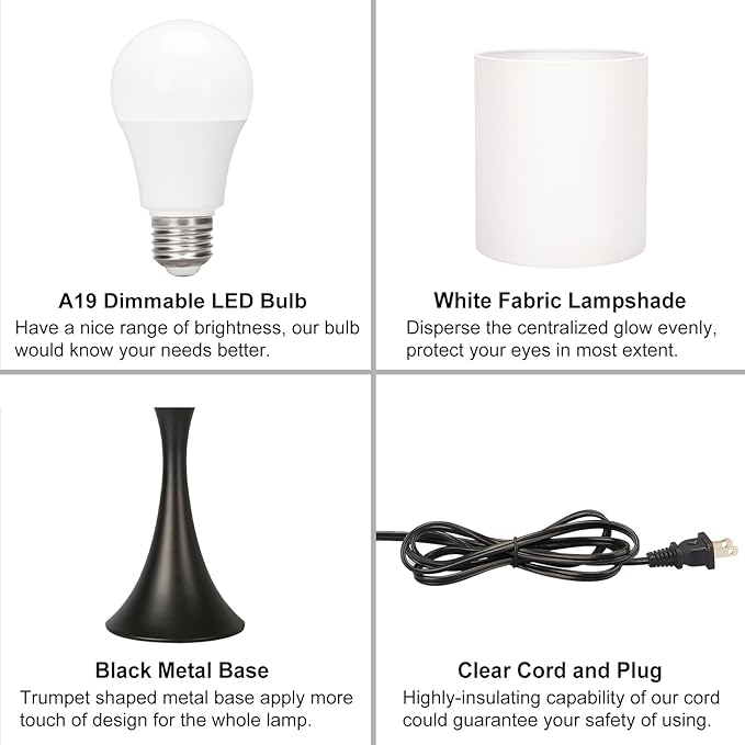 Seaside village 3 Way Touch Control Table Lamp, Modern Bedside Lamp for Bedroom, Dimmable Black Nightstand Lamp White Shade Desk Reading Light for Living Room Office Dorm, 3000K LED Bulb Included