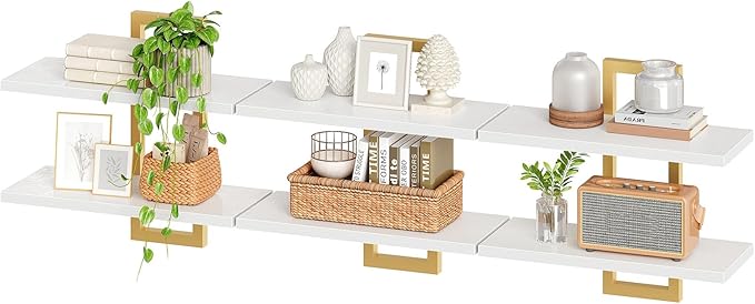 HOOBRO Floating Shelves, 15 Inch Wall Shelf Set of 3, Wall Mounted Storage Shelves 2-Tier, Hanging Bathroom Shelves, for Living Room, Bedroom, Bathroom, Kitchen, White and Gold DW32BJP301