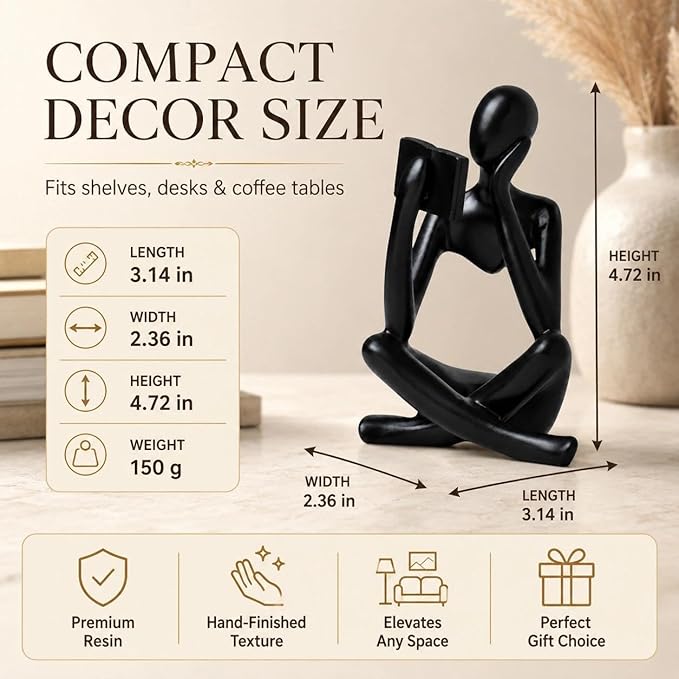 Black Bookshelf Decor Thinker Statue, Abstract Reading Figurine Style B, Resin Decorative Bookend for Coffee Table, Shelf, Home Office, Library