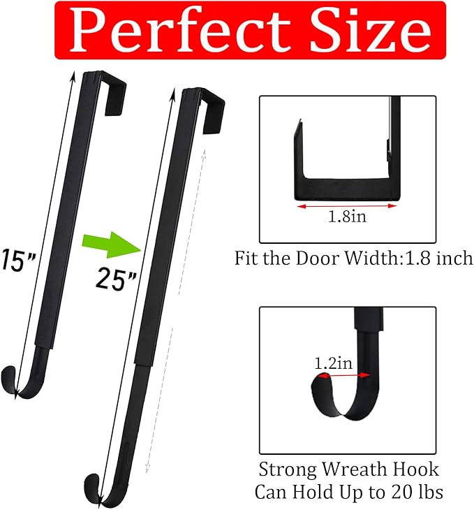 Wreath Hanger for Front Door, Adjustable from 15" to 25" Wreath Door Hanger for Christmas Fall Wreaths Decorations Hook, Black