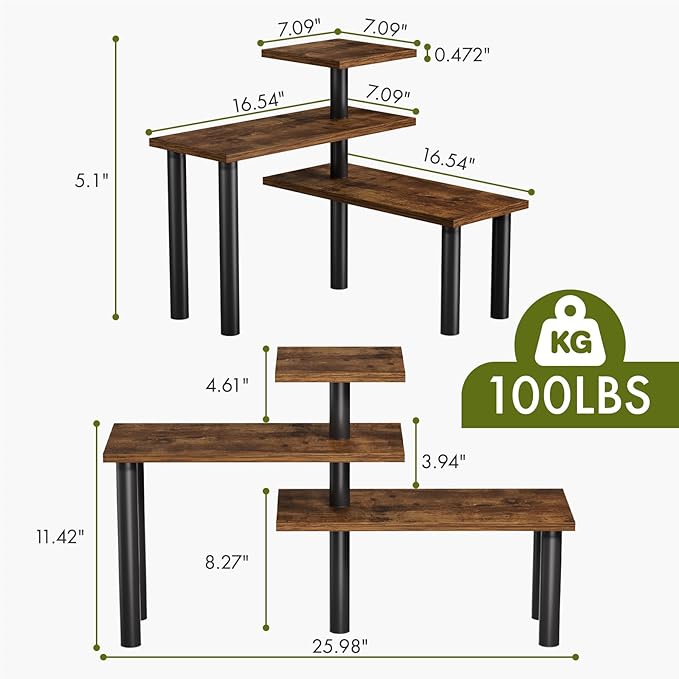 3-Tier Corner Countertop Organizer – Kitchen Counter & Bathroom Vanity Organizer, Coffee Bar Corner Shelf, Spice Rack Stand, L-Shaped Space-Saving Storage, Rustic Brown and Black, Wood