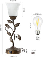 Touch Bedside Table Lamp, Vintage Nightstand Lamp with 2 USB Ports for Living Room, 3 Way Dimmable Leaf Lamp Retro Table Lamp for Bedroom with White Glass Shade, LED Bulb Included
