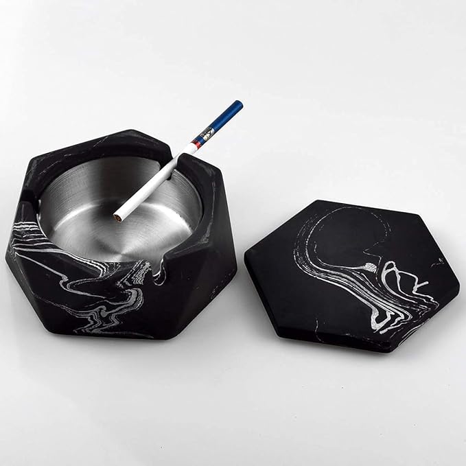 FREELOVE Concrete Ashtray with Lid & Stainless Steel Ashtrays for Cigarettes, Cement Ash Tray Smoking Holder Indoor Smokeless Outdoor Windproof Patio Home Office Cool Decor(Black-White, Small)